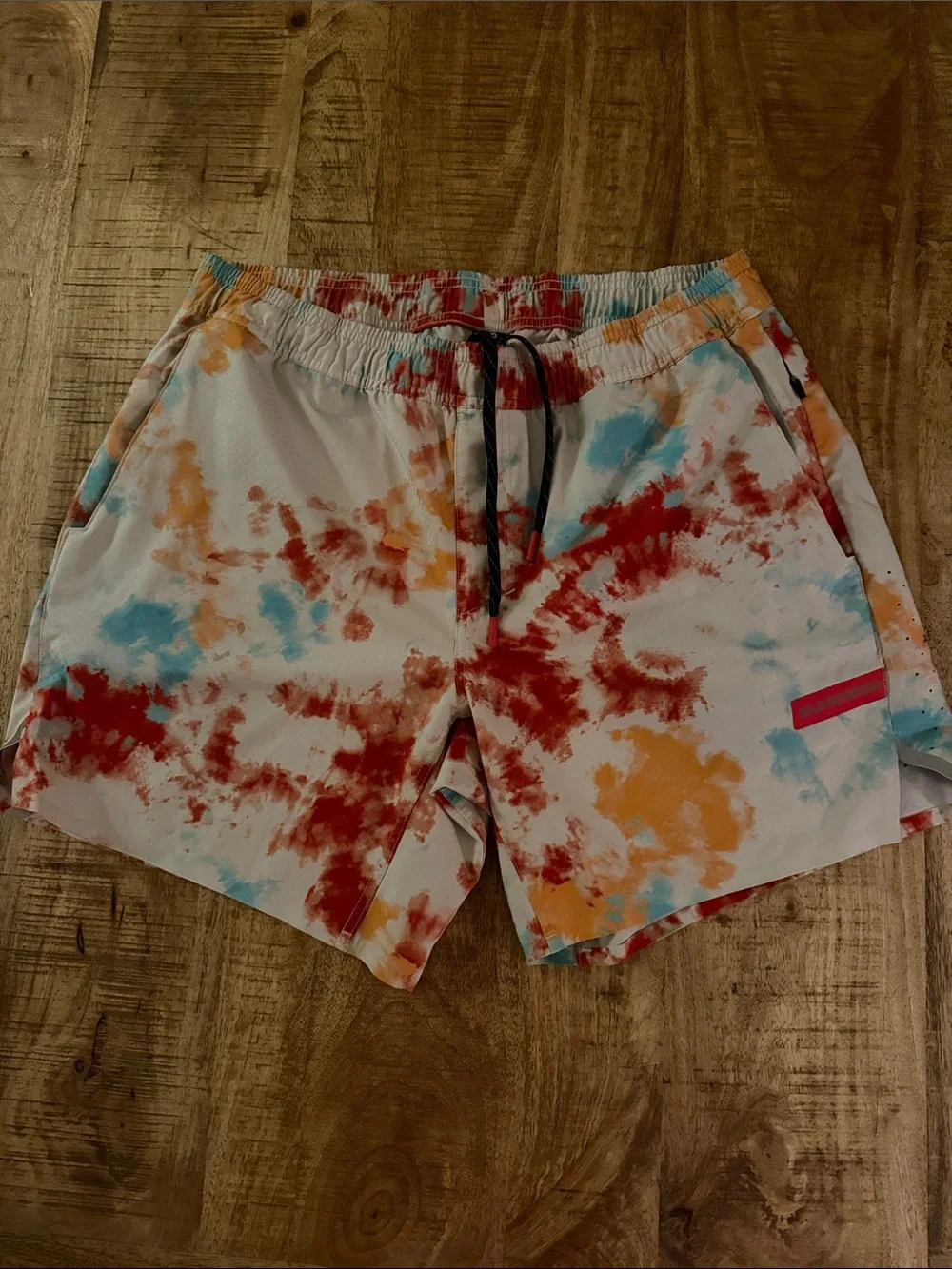 Men’s Tie-Dye Athletic Shorts in Beige with Red, Orange & Blue Accents
